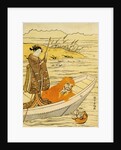 Daruma Shaving in a Boat, Watching His Reflection in the Stream, a Beauty Poling the Boat by Harunobu
