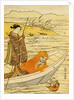Daruma Shaving in a Boat, Watching His Reflection in the Stream, a Beauty Poling the Boat by Harunobu