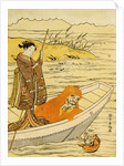 Daruma Shaving in a Boat, Watching His Reflection in the Stream, a Beauty Poling the Boat by Harunobu
