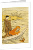 Daruma Shaving in a Boat, Watching His Reflection in the Stream, a Beauty Poling the Boat by Harunobu