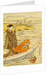 Daruma Shaving in a Boat, Watching His Reflection in the Stream, a Beauty Poling the Boat by Harunobu