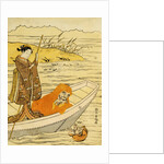 Daruma Shaving in a Boat, Watching His Reflection in the Stream, a Beauty Poling the Boat by Harunobu
