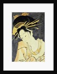 The Courtesan Kashiku of the Tsuruya Holding in Her Teeth an End of Cloth Draped Around Her Bare Shoulder by Eiri