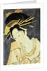 The Courtesan Kashiku of the Tsuruya Holding in Her Teeth an End of Cloth Draped Around Her Bare Shoulder by Eiri