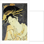 The Courtesan Kashiku of the Tsuruya Holding in Her Teeth an End of Cloth Draped Around Her Bare Shoulder by Eiri