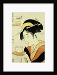Portrait of the Teahouse Waitress Naniwaya Okita Serving a Cup of Tea on a Tray by Utamaro