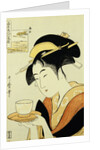 Portrait of the Teahouse Waitress Naniwaya Okita Serving a Cup of Tea on a Tray by Utamaro