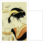 Portrait of the Teahouse Waitress Naniwaya Okita Serving a Cup of Tea on a Tray by Utamaro