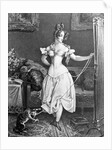 Woman in Corset with Cat Toying at Her Ribbon by Anonymous