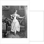 Woman in Corset with Cat Toying at Her Ribbon by Anonymous