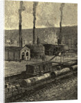 Engraving of Oil Refinery with Tank Cars by Anonymous