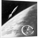 Illustration of a Rocket and Space Station Above Earth by Anonymous