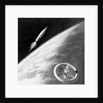 Illustration of a Rocket and Space Station Above Earth by Anonymous