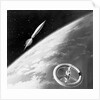 Illustration of a Rocket and Space Station Above Earth by Anonymous
