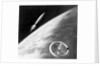 Illustration of a Rocket and Space Station Above Earth by Anonymous