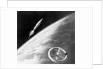 Illustration of a Rocket and Space Station Above Earth by Anonymous