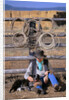 Cowboy and Dog Sitting Against Fence by Anonymous