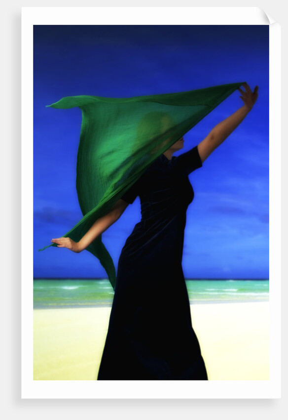 Woman on the beach with green scarf by Ricardo Demurez