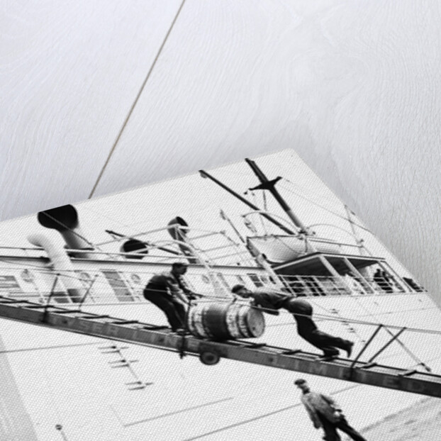Unloading a barrel from a ship down a gangway, London by Anonymous
