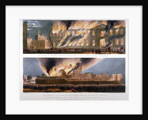 Two views of the destruction of the Armoury in the Tower of London by fire, 30 October 1841 by W Kohler & Co