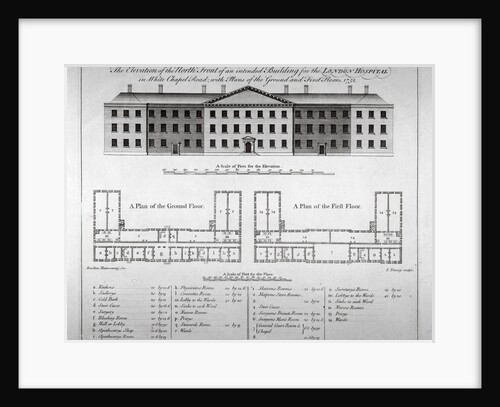 Elevation of the north front and plans of London Hospital, Whitechapel, London by John Tinney