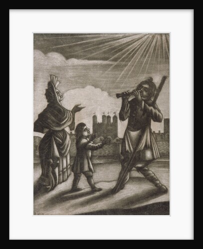 Man piping and a woman and child dancing near the walls of the Tower of London by Anonymous