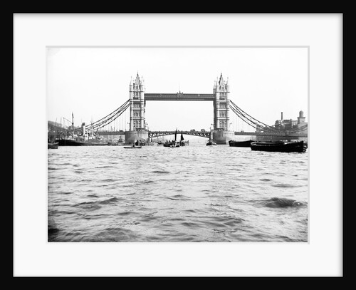 Tower Bridge with bascules closed and barges passing under at high water, London by Anonymous