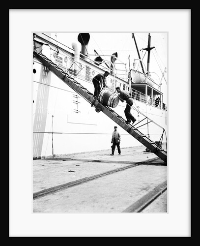Unloading a barrel from a ship down a gangway, London by Anonymous
