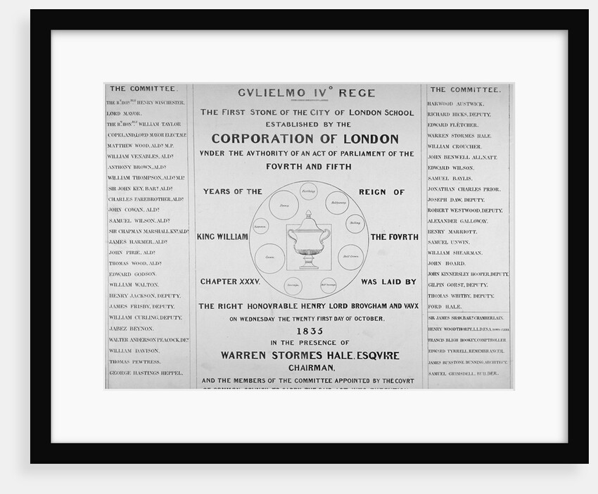 Copy of the inscription from the first stone of the City of London School by Anonymous