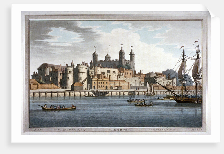 South view of the Tower of London with boats on the River Thames by Joseph Constantine Stadler