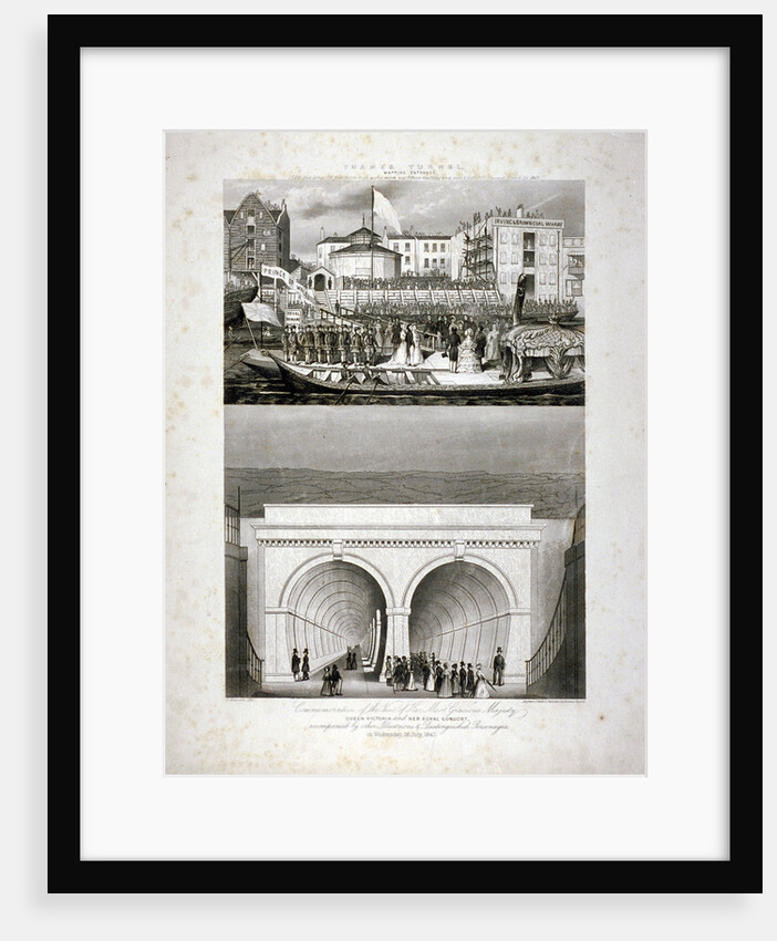 Two views of the Thames Tunnel, commemorating the visit by Queen Victoria, London by T Brandon