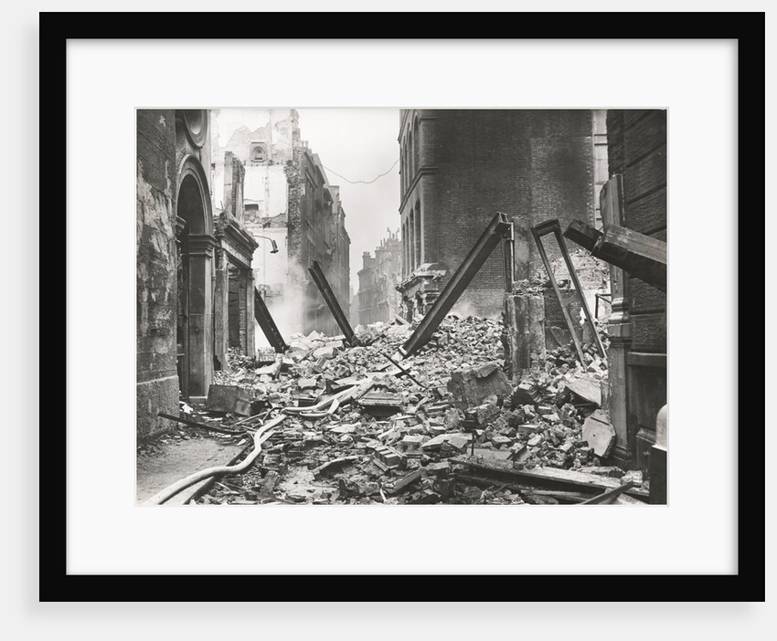 View looking south down Walbrook after an air raid, City of London, World War II by Anonymous