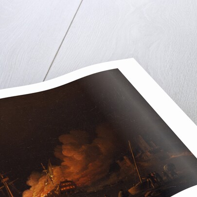 Ship on fire at night, ca 1756 by Charles Brooking