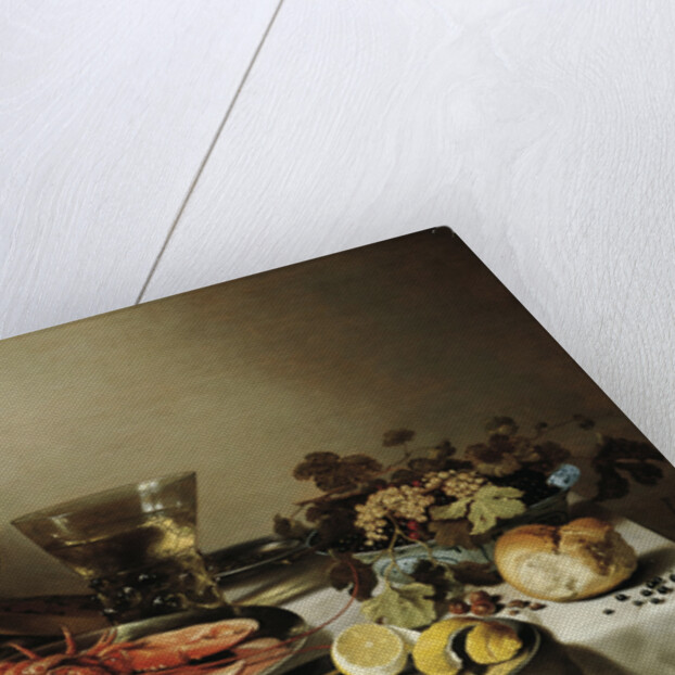 Table with lobster, silver jug, big Berkemeyer, fruit bowl, violin and books, 1641 by Pieter Claesz