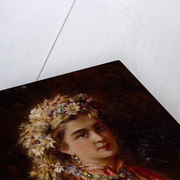 Young girl with flower garland by Konstantin Yegorovich Makovsky