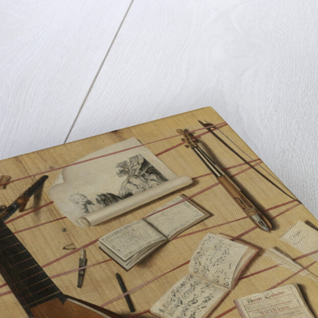 Trompe loeil still life with a lute, rebec and music sheets by Cornelis Norbertus Gijsbrechts