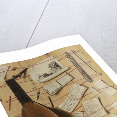 Trompe loeil still life with a lute, rebec and music sheets by Cornelis Norbertus Gijsbrechts