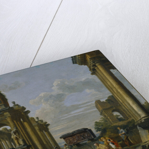 Architectural Capriccio of the Roman Forum with Philosophers and Soldiers among Ancient Ruins by Giovanni Paolo Panini