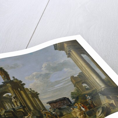 Architectural Capriccio of the Roman Forum with Philosophers and Soldiers among Ancient Ruins by Giovanni Paolo Panini