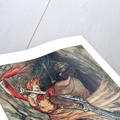 Ohe! Ohe! Terrible dragon, oh, swallow me not! Illustration for The Rhinegold and The Valkyrie by by Arthur Rackham