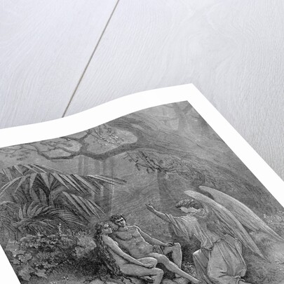 Raphael talks to Adam and Eve. Illustration for John Miltons Paradise Lost, 1866 by Gustave Doré
