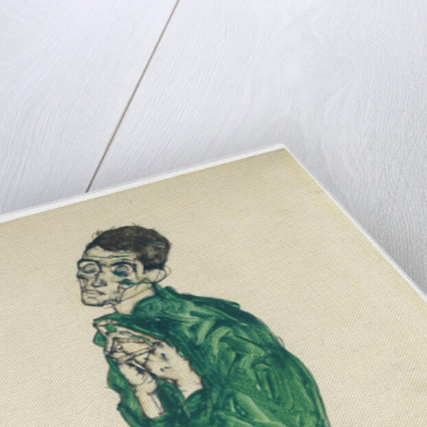 Self-portrait in green shirt with eyes closed, 1914 by Egon Schiele