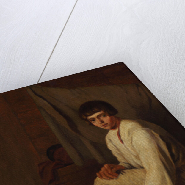 Boy putting bast shoe on, 1820s by Anonymous