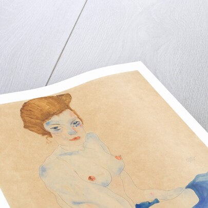 Sitting young woman, half nude with blue skirt (Wally Neuzil) by Anonymous