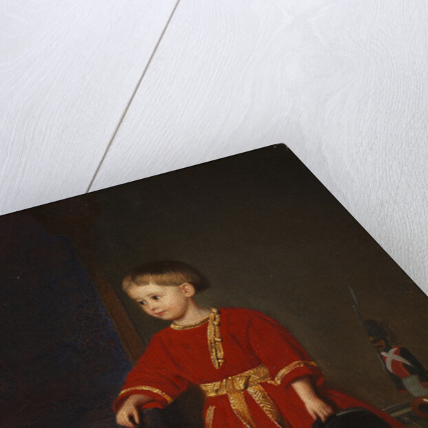 Portrait of a boy in a red dress with military toys by Anonymous