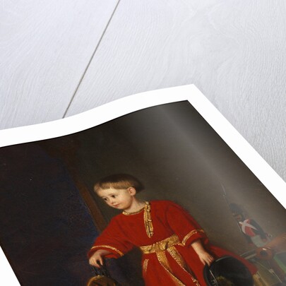 Portrait of a boy in a red dress with military toys by Anonymous