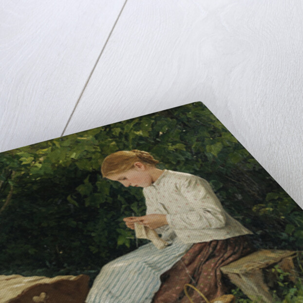 Knitting girl watching the toddler in a craddle by Anonymous