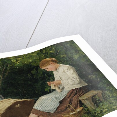 Knitting girl watching the toddler in a craddle by Anonymous