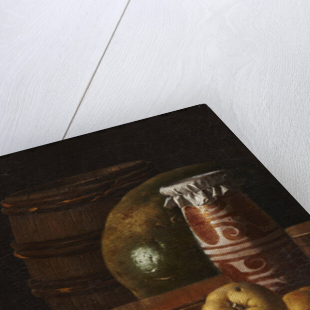 Still life with apples, strawberries, watermelon, box of sweets, jar of honey and barrel, Mid of the by Anonymous