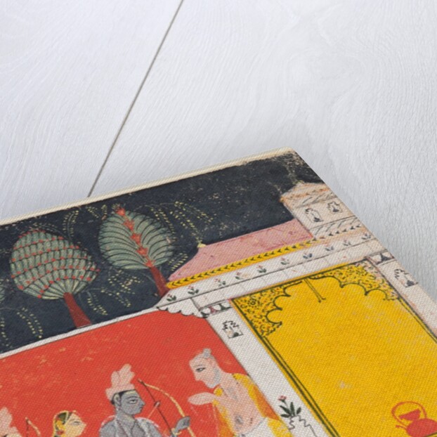 A page from a Ramayana: A night scene of Rama, Lakshman and Sita before the rishi…, c. 1650 by Unknown